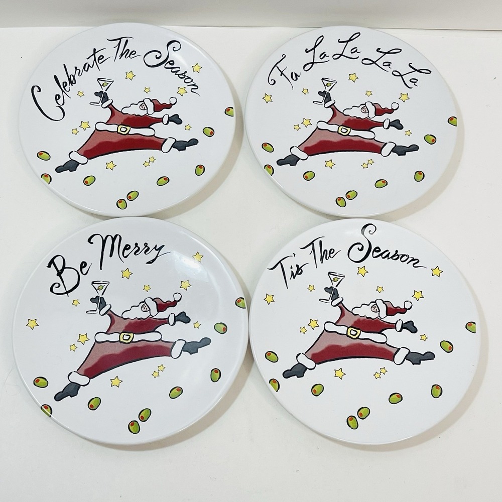 Vtg GANZ Bella Casa Dancing Christmas Santa W/Martini Plates Lot Of 4 Phrases
